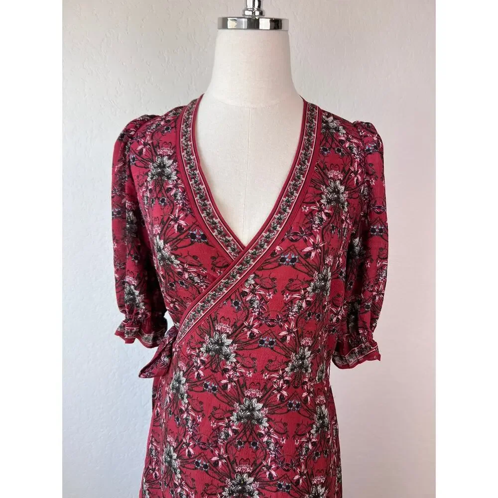 Chelsea & Violet Red Floral Wrap Midi Dress size Medium - Picture 4 of 8